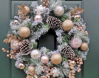 Rose Champagne Pine Wreath with Ornaments