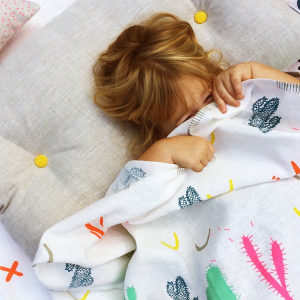 S A L E Screen Printed Cactus Garden Bed European Pure 100% Linen Throw, Off White - 56 inches x 44 inches - 140 cm x  110 cm