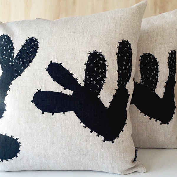 Screen Printed Cactus Oatmeal Linen Pillow / Cushion Cover