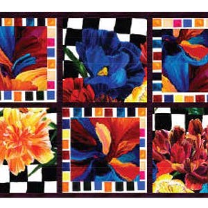 Könnte beinhalten: Ein farbenfroher Patchwork-Deckenbezug mit kariertem Hintergrund und Blumendesigns in Blautönen, Rot, Orange, Gelb und Weiß.