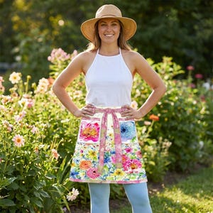 May include: A woman wearing a straw hat, white halter top, and a floral print apron with a pink ribbon. The apron features colorful flowers and a light blue background. The woman is standing in a garden with flowers.