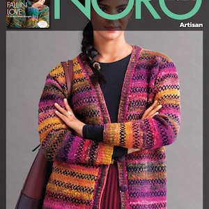 May include: A woman wearing a colorful, striped cardigan with button closures. The cardigan features shades of orange, pink, purple, and yellow. The image also shows a magazine cover with the text "NORO MAGAZINE" and "Artisan".