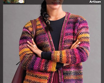 NORO Ito "Artisan" Sweater PDF Instant Download Pattern featuring Colorful Ito Coordinated with Solid Malvinas