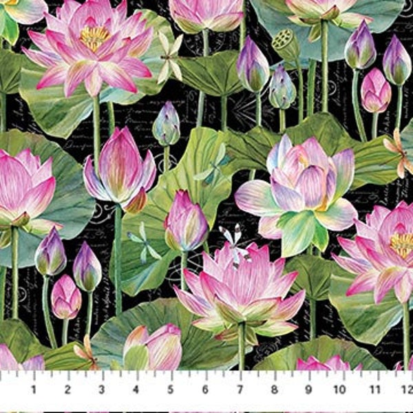 Nénuphars DP25057-99 | Caractéristique florale | Multicolore noir | Répétez 30,5 cm H x 9 po. L. Tissu à courtepointe 100 % coton par Michel Design Works pour Northcott