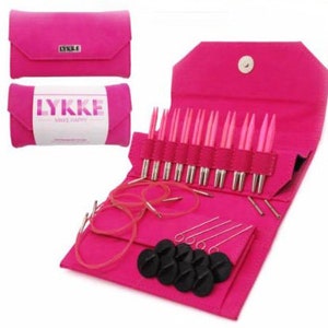 LYKKE 3.5" Blush Knitting Needles Handcrafted Wooden Interchangeable Circular Knitting Needle Set- Fuschia Denim Effect