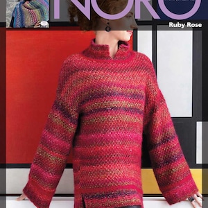 May include: A woman wearing a red, pink, and gold striped sweater with a high neck and long sleeves. The sweater has a textured knit and is shown against a colorful background.