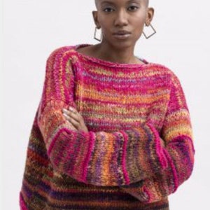 NORO Ito Anorthite Sweater PDF Instant Download Pattern featuring Colorful Ito Coordinated with Solid Malvinas