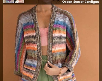 Könnte beinhalten: Ein mehrfarbiger Strickcardigan mit Streifenmuster in Braun-, Blau-, Orange- und Grüntönen. Das Bild zeigt auch den Text "NORO MAGAZINE" und "Ocean Sunset Cardigan".