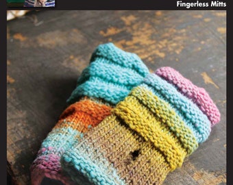 May include: A pair of fingerless mitts knitted in a colourful yarn with stripes of blue, pink, yellow, and brown. The mitts are shown on a wooden surface. The image is from Noro Magazine.