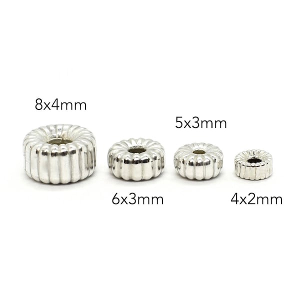 Sterling Silver Corrugated Rondelle Beads (0.925), 5x3mm (10pcs), 6x3mm or 8x4mm (5 pcs) Solid Silver Beads for Jewelry Making