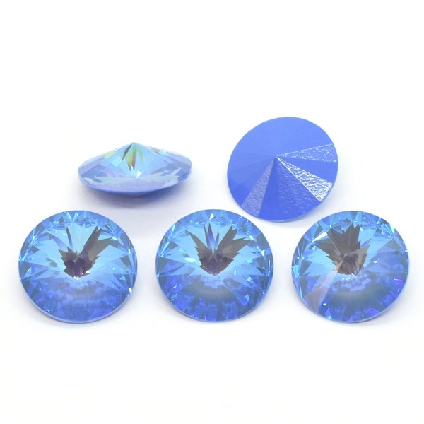 Crystal Ocean DeLite 1122 - 14mm Unfoiled Swarovski Crystal Faceted Rivoli Rhinestone, Blue Crystal Rivoli for Jewelry Making, Iridescent
