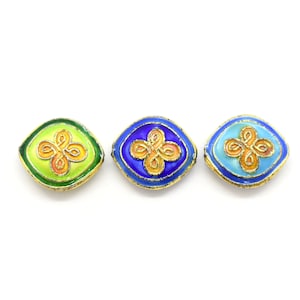 Cloisonné Quatrefoil Rounded Diamond Beads - Cobalt Blue, Aqua Blue & Green Vintage Enamel Beads with Gold Accents,CL-28,29,30