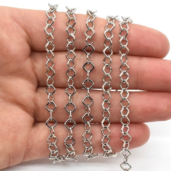 Rhodium Plated Diamond Link Cable Chain, 5.5mm - Sold by the Foot - Diamond Shaped Silver Colored Chain for Jewelry Making, Decorative Chain