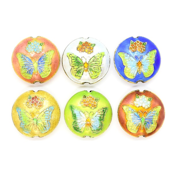 Vintage Cloisonne Beads with Butterflies - Puffed Coin Beads, Circle Beads for Jewelry, Enamel Round Beads - 20mm (10pcs) CL-75,76,77,78