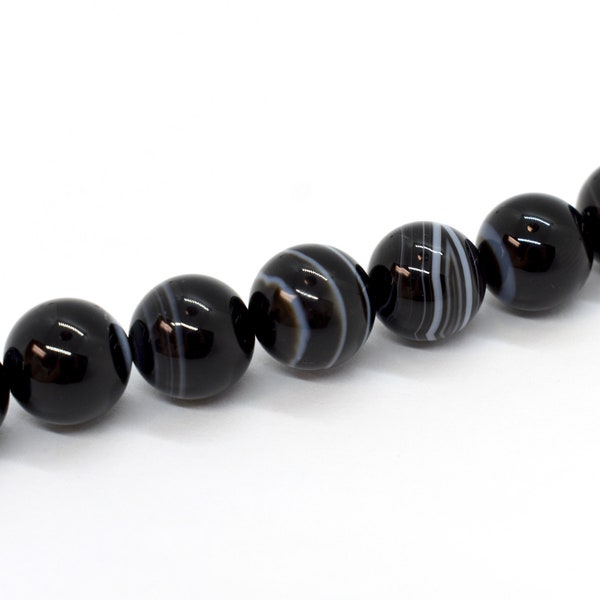 Black and White Sardonyx (Natural) Black Gemstone Beads for Jewelry Making, A Grade, Round Gemstone Beads - 6mm, 10mm (8" strand)