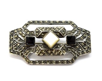 Rare Vintage Silver Tone Marcasite Rectangle Large Brooch Clasp Closure Cloak Coat Kilt Brooch Pretty Gift Costume Jewelry Estate Market