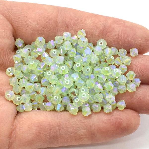 Chrysolite Opal Shimmer 2x 5328 Iridescent Light Green Crystal Bicone Beads 3mm 4mm Light Green Crystal Beads for Chokers, Green Color Beads