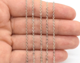 Rhodium Plated Flat Oval Cable Chain, 2.0mm or 1.5mm, Silver Colored Chain for Jewelry Making, Fine Oval Cable Chain, 1 foot or 30 feet