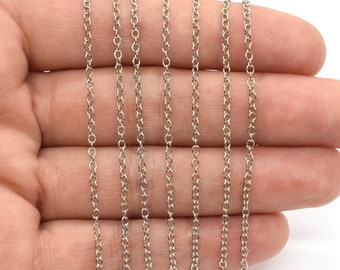 Rhodium Plated Oval Cable Chain, 1.5mm x 3mm - Sold by the Foot - Silver Colored Chain for Jewelry Making, Fine Oval Cable Chain