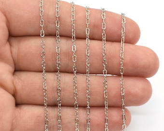 Cadena de cable arrugada chapada en rodio, 1,6 mm x 3 mm, cadena de color plata para la fabricación de joyas, cadena decorativa, 1 pie o 1 carrete (30 pies)