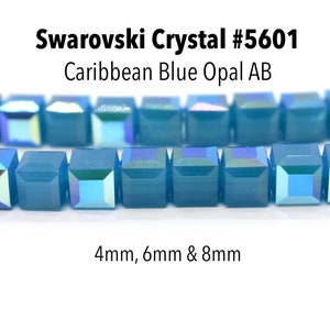 Caribbean Blue Opal AB 5601 - Blue Rainbow Swarovski Crystal Cube Beads for Jewelry Making, 4mm, 6mm, 8mm, Bulk Jewelry Supplies and Beads