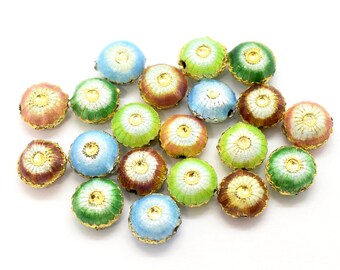Enamel Floral Beads - Puffed Coin Beads - 10mm (20 pcs) Cloisonne Beads for Jewelry Making, Round Beads, Aqua Blue, Lime, Green, Coral & Red