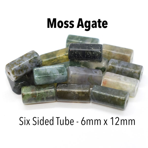Moss Agate (Natural) A Grade, Six Sided Tube Gemstone Beads for Jewelry Making, Wholesale Gemstones, Green Gemstone Beads, Bulk 6x12mm