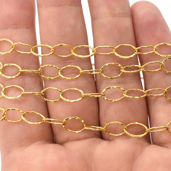 14K Gold Filled Hammered Oval Cable Chain - 5x9mm, Non Tarnishing Gold Filled Decorative Chain for Jewelry Making, Large Textured Chain