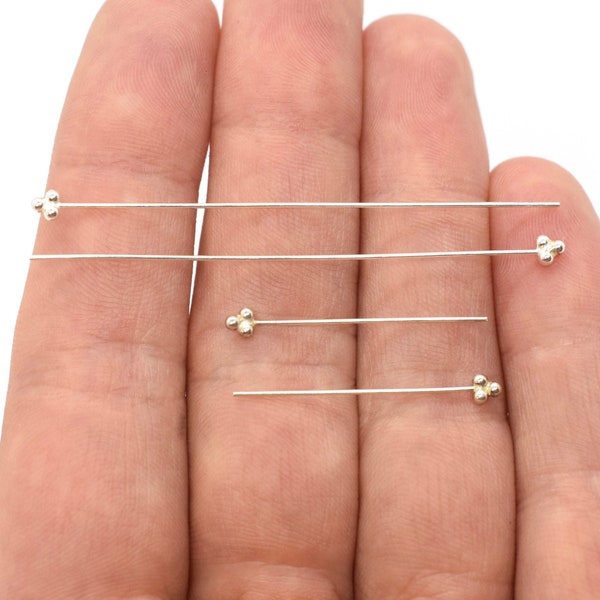 Sterling Silver Decorative 3 Bead Head Pins 1 and 2 Inches - 24 Gauge, 10 pcs, Fancy Head Pins for Jewelry Making, Silver Findings Supplies