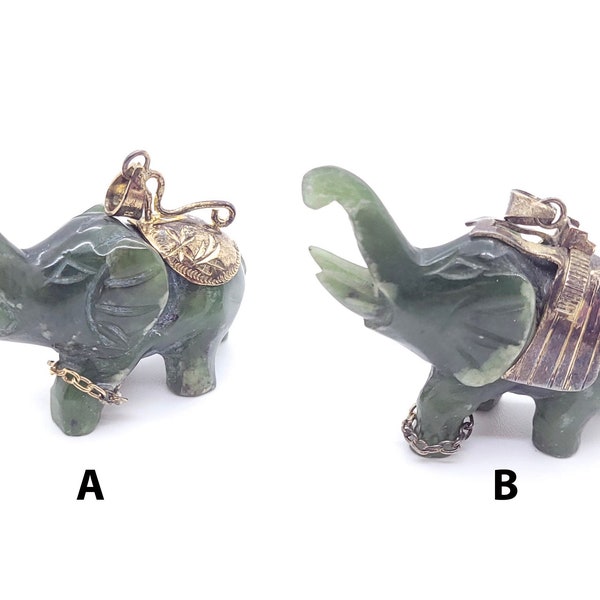 Vintage Nephrite Jade ( Natural) and Gold Vermeil Elephant Pendants, Hand Carved Jade Elephant Pendants, Elephant Pendant for Necklace