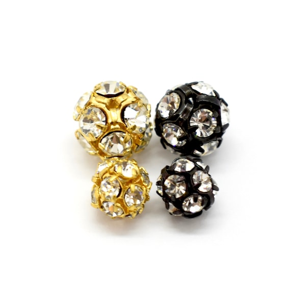 Swarovski Crystal Clear Rhinestone Prong Set Pave Round Beads - Black or Gold Plated Brass - 6mm, 8mm, 10mm - Wholesale Jewelry Supplies