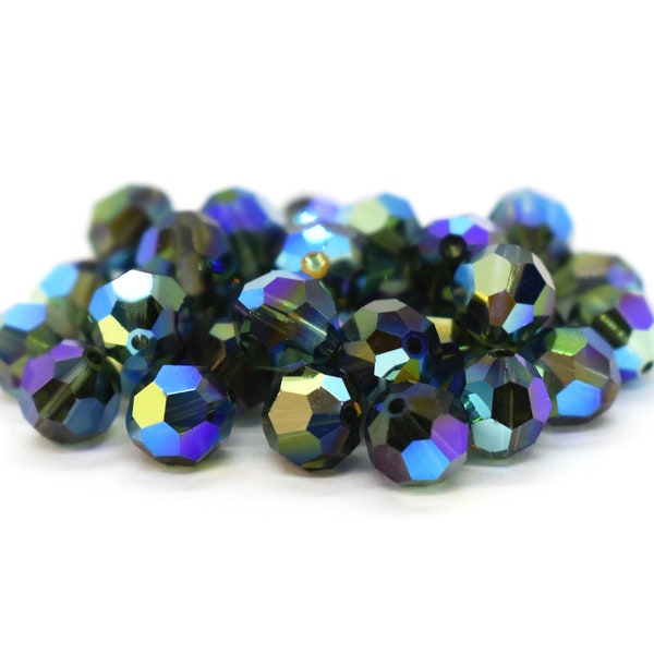 Turmaline AB2x 5000  Swarovski Crystal Round Beads, 6mm Dark Green Rainbow, Beautiful Dark Green Rainbow Round Crystal Beads for Necklaces