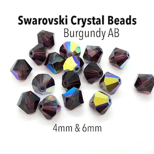 Swarovski Crystal Beads Bicone 5301/5328 Burgundy AB 4mm 6mm Dark Red Crystal Beads Wine Red Brown Rainbow Bicones, Authentic Swarovski