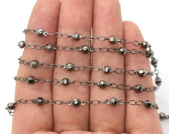 Gunmetal Plated Round Bead and Link Chain - 4mm, Sold by the Foot - Dark Gray Metallic Chain for Jewelry Making, Bulk Jewelry Chain, Beaded