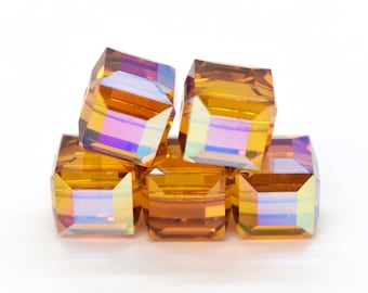 Topaz AB 5601 Swarovski Crystal Cube Beads for Birthstone Jewelry 4mm, 6mm, 8mm, 10mm Bulk Orange Crystal Beads, November Birthstone Beads