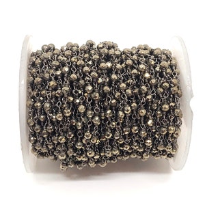Pyrite (Natural) Facettierte Runde 3mmWire Wrapped Perlenkette Rosenkranz Kette,Gunmetal Platte über Kupfer, Verkauft durch den Fuß, A Grade, minimalistische Kette