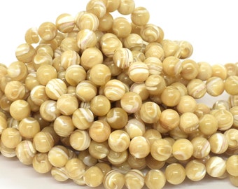 Mother of Pearl (Natural) Smooth Round Shell Beads, 4mm, 6mm, 8mm,9mm, 8 & 16 Inch Strand - Beige Shell Pearlescent Round Beads for Jewelry