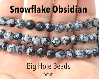 Snowflake Obsidian Big Hole Beads(Natural)A Grade Round Gemstone Beads 6mm Black & Gray Large Hole Beads,Jewelry Supplies,beads For Macrame