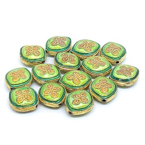 Cloisonné Quatrefoil Rounded Diamond Beads - Cobalt Blue, Aqua Blue & Green Vintage Enamel Beads with Gold Accents,CL-28,29,30 Green