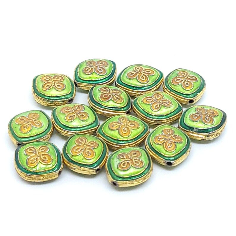 Cloisonné Quatrefoil Rounded Diamond Beads - Cobalt Blue, Aqua Blue & Green Vintage Enamel Beads with Gold Accents,CL-28,29,30 Green
