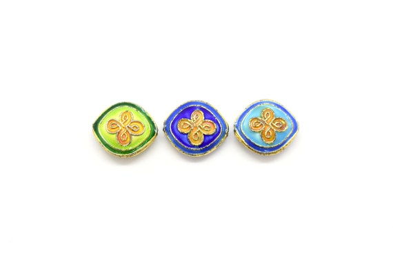 Cloisonné Quatrefoil Rounded Diamond Beads - Cobalt Blue, Aqua Blue & Green Vintage Enamel Beads with Gold Accents,CL-28,29,30