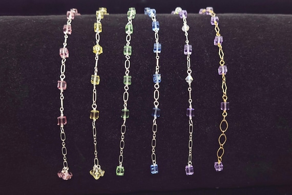 Swarovski Crystal Cube and Sterling Silver or Gold Filled Chain Bracelets, Light Rose, Jonquil, Chrysolite, or Violet Cube Crystals, 7-8in