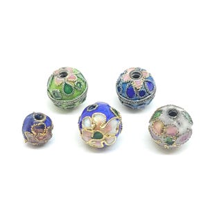 Round Cloisonne Beads with Pink Flower Design, Vintage 8mm 5mm Cloisonne Enamel Beads, Blue, White, or Green Round Enamel Beads, Boho Beads