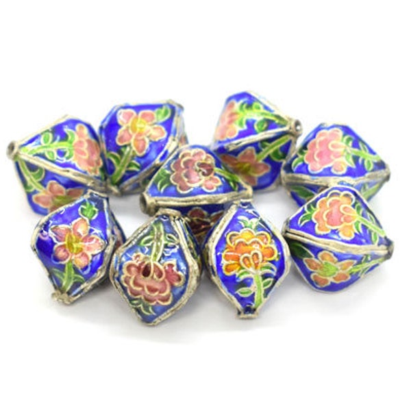 Cobalt Blue & Silver Cloisonne Lantern Beads with Pink Flowers, 15mm (1.5mm hole)Vintage Enamel Beads, Pink Daisy Flowers,Boho Look,CL-199