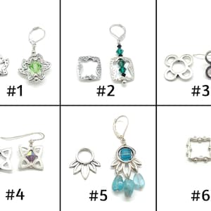 May include: Six pairs of silver earrings with different designs and gemstones. The earrings are numbered 1 through 6.  #1 features a green gemstone in a silver star-shaped setting. #2 features a green gemstone in a silver square setting. #3 features a turquoise gemstone in a silver flower-shaped setting. #4 features a purple gemstone in a silver square setting. #5 features a blue gemstone in a silver flower-shaped setting. #6 features a silver square setting.
