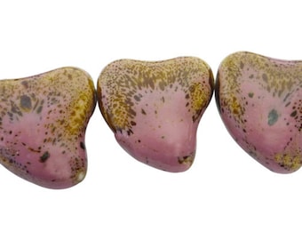 Pink Porcelain Heart Shaped Beads - 30mm x 27mm x 10mm (12 Pieces) Pink Ceramic Heart Beads, Vintage Heart Beads, Wholesale Jewelry Supplies