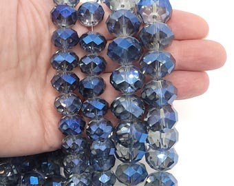 Chinese Crystal 14mm or 18mm Faceted Rondelle Beads, Metallic Blue Kissed Grey, Large Crystal Beads for Jewelry or Suncatchers, 8in strand