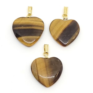 Tiger&#39;s Eye (Natural) Heart Pendant with Gold Plated Bail, 20mm Puffy Heart Pendant,  for Jewelry Making, 1 Piece