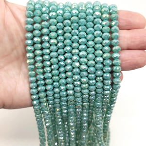 Chinese Crystal 6mm Faceted Rondelle Beads, Seafoam Green AB, 6mm Opaque Green Faceted Crystal Rondelle Spacer Beads, 17in strand