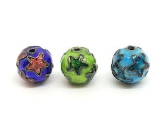 Enamel Star Round Beads-Lime Green,Blue And Red Round Beads 10mm 20 Pcs of 1 Color, Metal Enamel CL 94,95